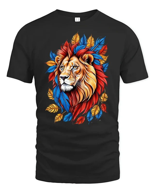 Majestic Colorful Lion Art Tee With Bold Wild Energy - black t-shirt on white background