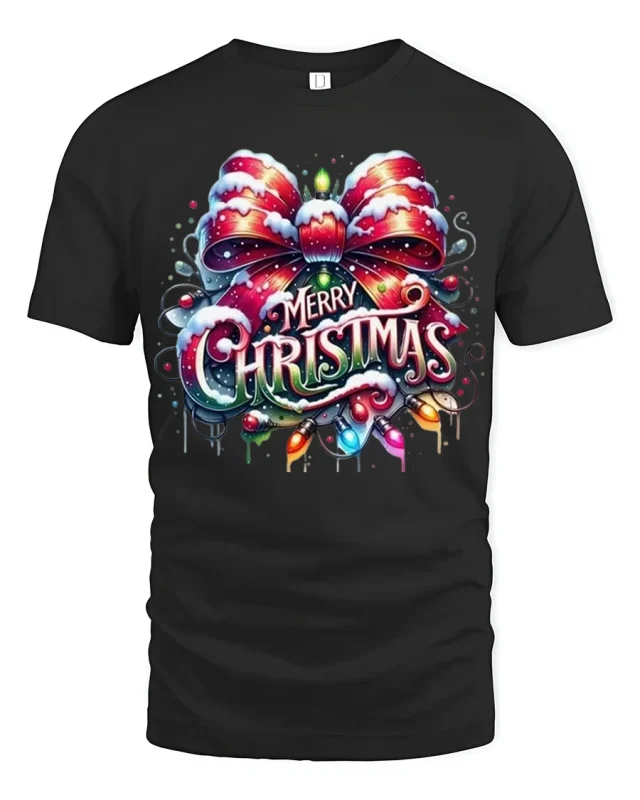 Merry Christmas Bow Lights Graphic Tee With Festive Cheer - black t-shirt on white background