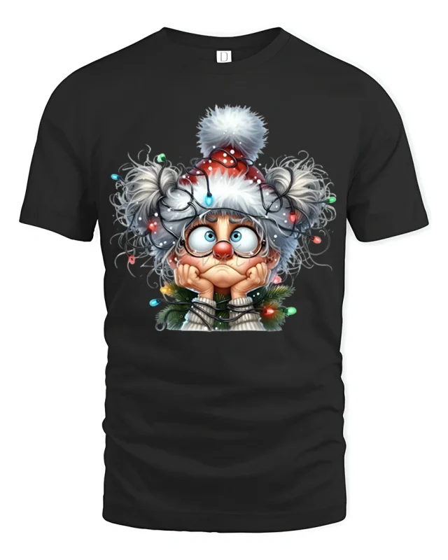 Funny Christmas Lights Granny Tee With Holiday Chaos Charm - black t-shirt on white background