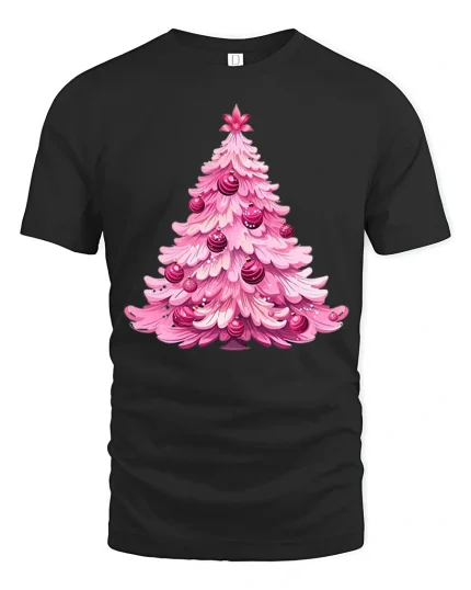 Pink Christmas Tree Graphic Tee With Cute Holiday Art Style - black t-shirt on white background