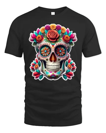 Colorful Floral Sugar Skull Graphic Tee With Bold Artistic Style - black t-shirt on white background