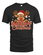 Merry Christmas Reindeer Graphic Tee With Cute Festive Cheer - black t-shirt on white background