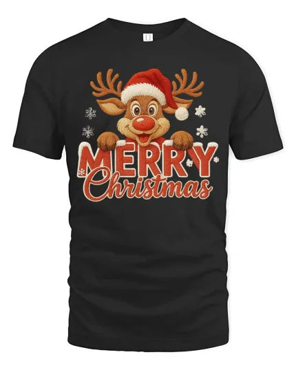 Merry Christmas Reindeer Graphic Tee With Cute Festive Cheer - black t-shirt on white background