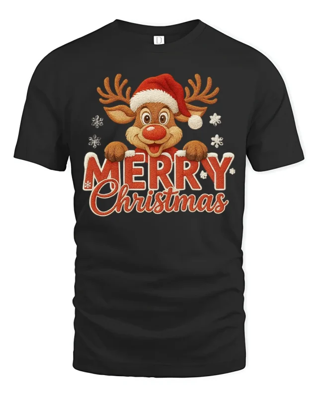 Merry Christmas Reindeer Graphic Tee With Cute Festive Cheer - black t-shirt on white background