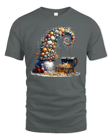 Whimsical Treasure Gnome Graphic Tee With Ocean Shell Fantasy Art - gray t-shirt on white background