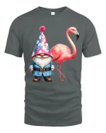 Funny Gnome And Flamingo Tee With Whimsical Party Vibes - gray t-shirt on white background
