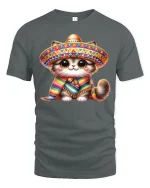 Cute Sombrero Cat Tee With Colorful Fiesta Vibes - gray t-shirt on white background