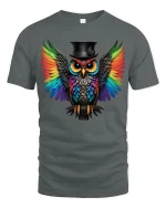 Rainbow Owl Tee With Bold Colorful Wings And Cool Style - gray t-shirt on white background