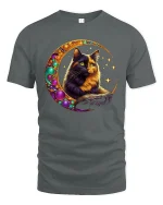 Mystic Moon Cat Tee With Cosmic Glow And Magical Vibes - gray t-shirt on white background