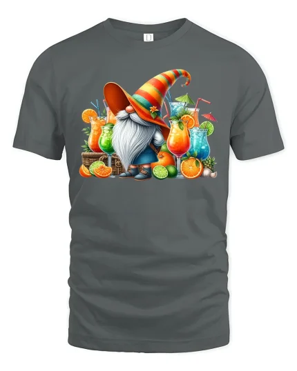 Funny Cocktail Gnome Graphic Tee With Colorful Summer Drink Art - gray t-shirt on white background