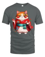 Cute Kimono Cat Tee With Adorable Japanese Style Art - gray t-shirt on white background