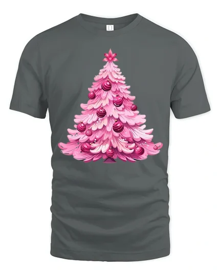 Pink Christmas Tree Graphic Tee With Cute Holiday Art Style - gray t-shirt on white background