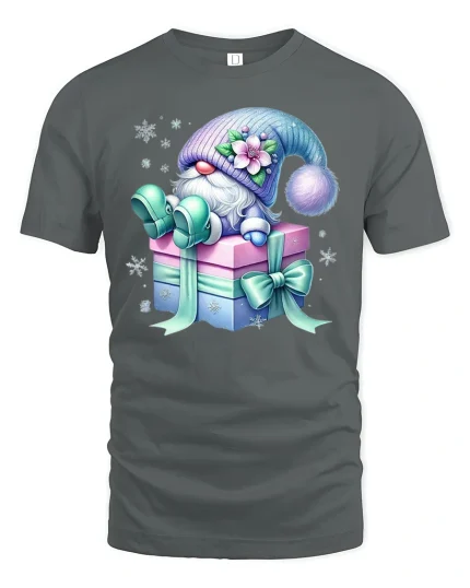 Cute Gift Box Gnome Graphic Tee With Cozy Winter Fantasy Art - gray t-shirt on white background