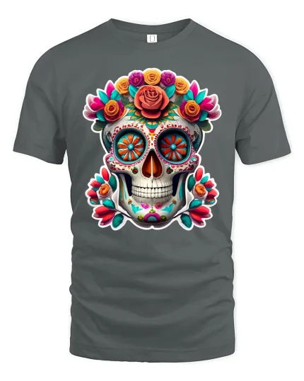 Colorful Floral Sugar Skull Graphic Tee With Bold Artistic Style - gray t-shirt on white background