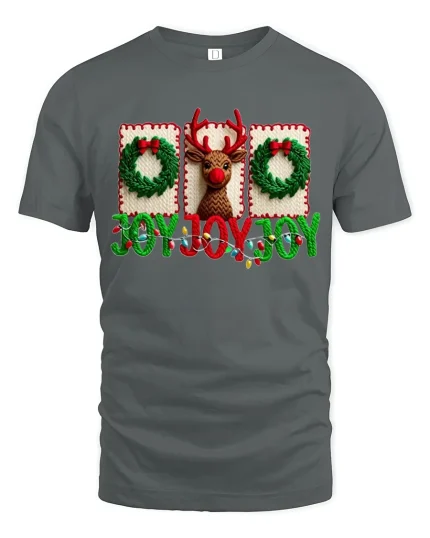 Joyful Christmas Reindeer Graphic Tee With Festive Holiday Charm - gray t-shirt on white background