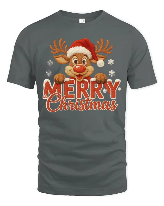 Merry Christmas Reindeer Graphic Tee With Cute Festive Cheer - gray t-shirt on white background