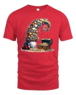 Whimsical Treasure Gnome Graphic Tee With Ocean Shell Fantasy Art - red t-shirt on white background