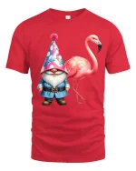 Funny Gnome And Flamingo Tee With Whimsical Party Vibes - red t-shirt on white background