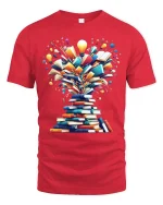 Creative Book Explosion Tee With Bright Ideas And Knowledge - red t-shirt on white background