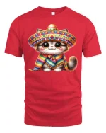 Cute Sombrero Cat Tee With Colorful Fiesta Vibes - red t-shirt on white background