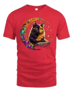 Mystic Moon Cat Tee With Cosmic Glow And Magical Vibes - red t-shirt on white background