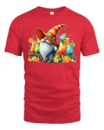 Funny Cocktail Gnome Graphic Tee With Colorful Summer Drink Art - red t-shirt on white background
