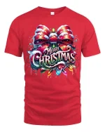 Merry Christmas Bow Lights Graphic Tee With Festive Cheer - red t-shirt on white background