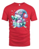 Cute Gift Box Gnome Graphic Tee With Cozy Winter Fantasy Art - red t-shirt on white background