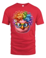 Colorful Owl With Glasses Graphic Tee Full Of Fun Personality - red t-shirt on white background