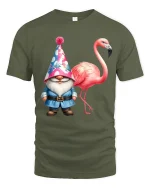 Funny Gnome And Flamingo Tee With Whimsical Party Vibes - military green t-shirt on white background