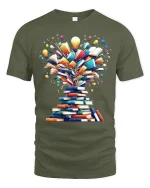 Creative Book Explosion Tee With Bright Ideas And Knowledge - military green t-shirt on white background