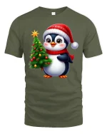 Cute Christmas Penguin Tee With Cozy Holiday Cheer - military green t-shirt on white background