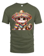 Cute Sombrero Cat Tee With Colorful Fiesta Vibes - military green t-shirt on white background