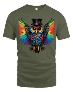 Rainbow Owl Tee With Bold Colorful Wings And Cool Style - military green t-shirt on white background