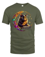 Mystic Moon Cat Tee With Cosmic Glow And Magical Vibes - military green t-shirt on white background