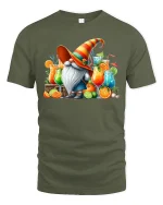 Funny Cocktail Gnome Graphic Tee With Colorful Summer Drink Art - military green t-shirt on white background
