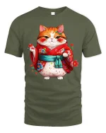 Cute Kimono Cat Tee With Adorable Japanese Style Art - military green t-shirt on white background