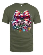Merry Christmas Bow Lights Graphic Tee With Festive Cheer - military green t-shirt on white background