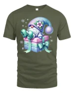 Cute Gift Box Gnome Graphic Tee With Cozy Winter Fantasy Art - military green t-shirt on white background