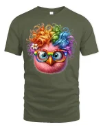 Colorful Owl With Glasses Graphic Tee Full Of Fun Personality - military green t-shirt on white background