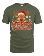 Merry Christmas Reindeer Graphic Tee With Cute Festive Cheer - military green t-shirt on white background