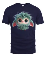 Cute Fluffy Monster Tee With Big Eyes Soft Mood Charm - navy t-shirt on white background