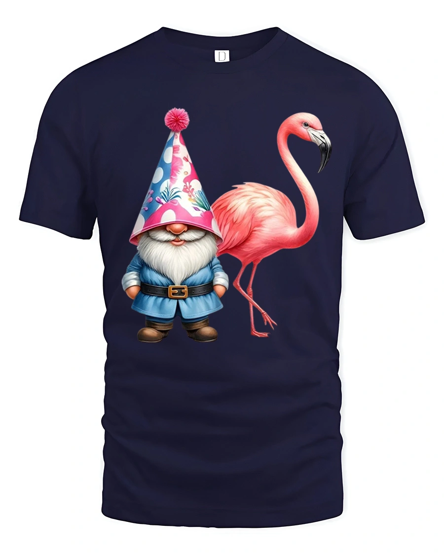 Funny Gnome And Flamingo Tee With Whimsical Party Vibes - 1 Funny Gnome And Flamingo Tee With Whimsical Party Vibes - navy t-shirt on white background