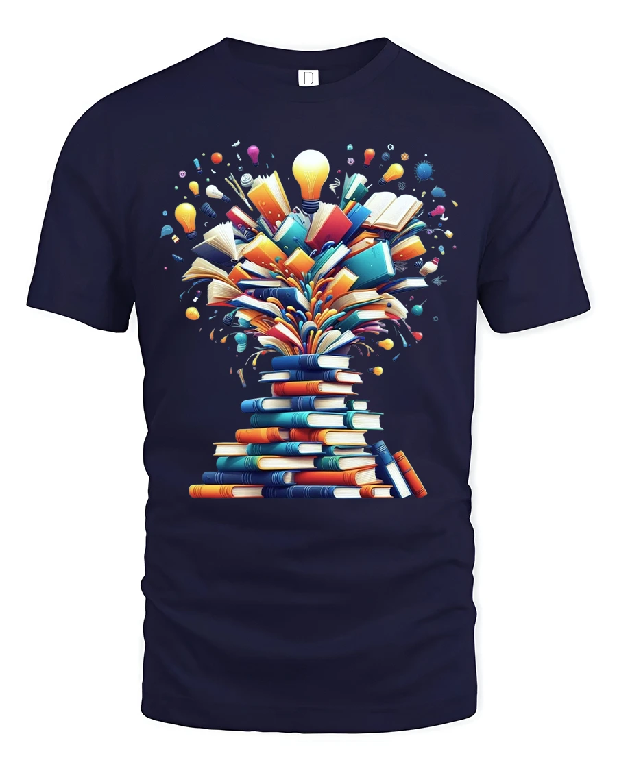 Creative Book Explosion Tee With Bright Ideas And Knowledge - 1 Creative Book Explosion Tee With Bright Ideas And Knowledge - navy t-shirt on white background