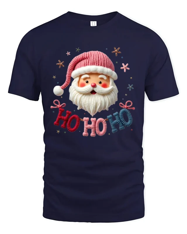 Ho Ho Ho Santa Claus Tee With Cute Cozy Holiday Cheer - navy t-shirt on white background