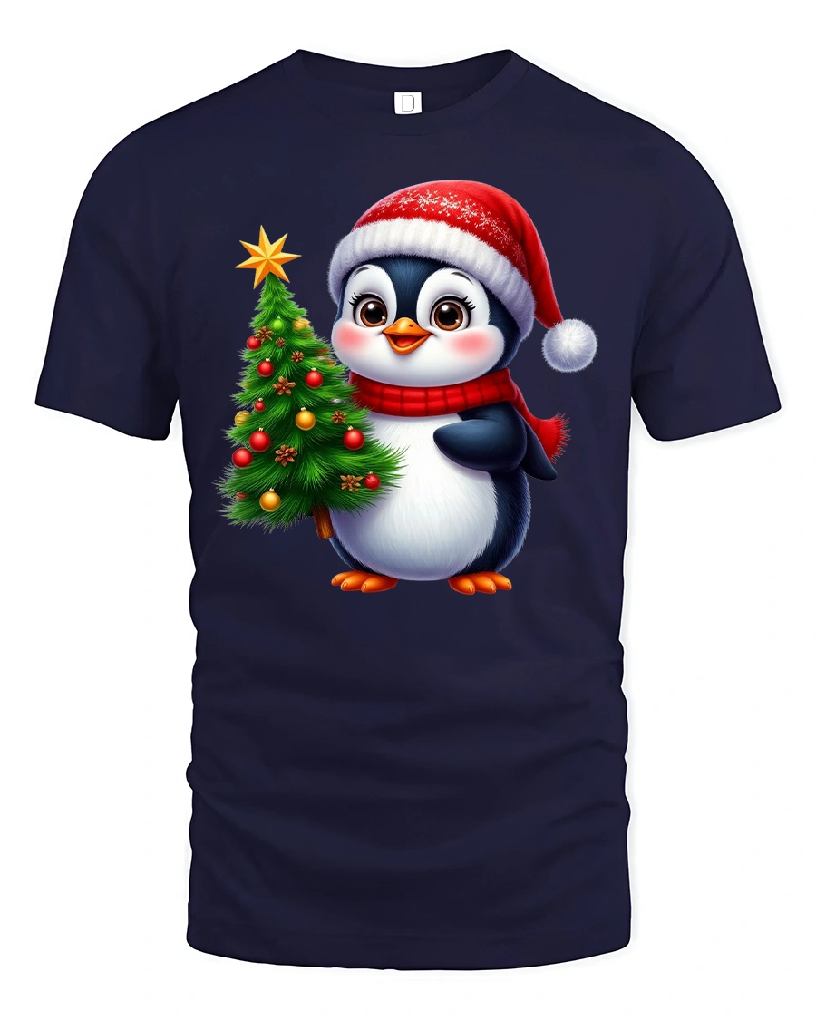 Cute Christmas Penguin Tee With Cozy Holiday Cheer - 1 Cute Christmas Penguin Tee With Cozy Holiday Cheer - navy t-shirt on white background