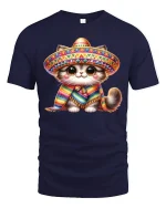 Cute Sombrero Cat Tee With Colorful Fiesta Vibes - navy t-shirt on white background