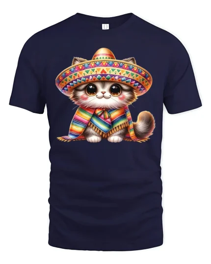 Cute Sombrero Cat Tee With Colorful Fiesta Vibes - navy t-shirt on white background