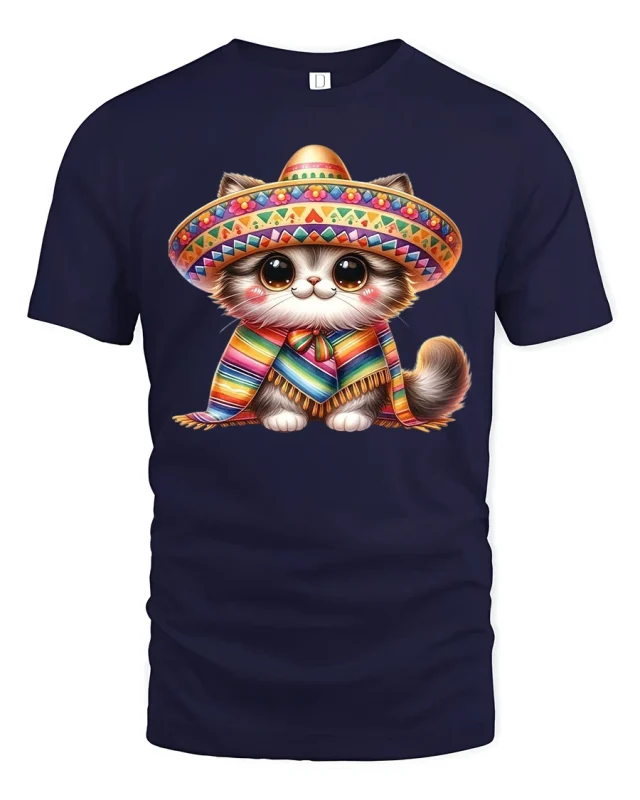 Cute Sombrero Cat Tee With Colorful Fiesta Vibes - navy t-shirt on white background
