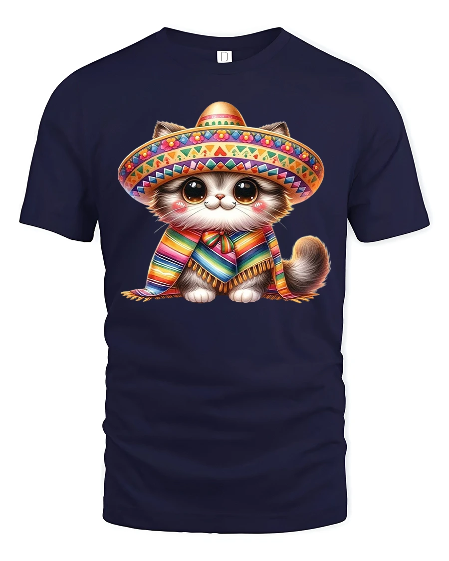 Cute Sombrero Cat Tee With Colorful Fiesta Vibes - 1 Cute Sombrero Cat Tee With Colorful Fiesta Vibes - navy t-shirt on white background
